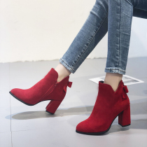 Coarse heel boots female 2021 autumn and winter New plus velvet Martin boots red bride high heel wedding shoes side zipper boots