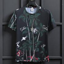 High-end mercerized cotton Ice Silk cool printing Korean trend short sleeve flower T-shirt landscape pattern half sleeve small shirt trendy man