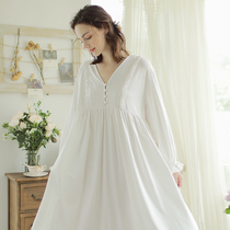 Autumn vintage European long sleeves solid color combed cotton long sleeves long white loose super large size nightgown home clothes women