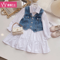 Girl Denim Dress 2022 Springtime Children 100 Hitch Fashion Foreign Air Cowboy Two Sets Skirt Tide