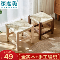 Solid wood small stools retro living room doorway Shoes Stool children Adult tea Several square benches Bench Hand-woven Square Short Stool