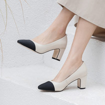 Spring genuine leather white high heel shoe coarse heel light mouth small balsamic wind collage single shoe fairy fashion 100 hitch heel womens shoes