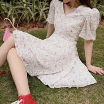 Little flower dress women 2021 new summer bubble sleeve V collar thin gentle skirt ins tide