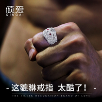 Sterling silver retro domineering Pixiu ring Single index finger opening ring Mens personality trend hip hop tritium gas ring