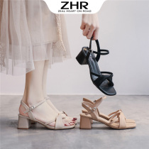 ZHR Summer 2022 New Style Fashionable Chunky Heel Explosive Sandals Women Strap Medium Heel Shoes