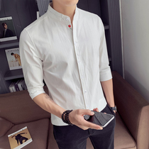 Summer seven-point sleeve shirt mens short sleeve Korean trend slim handsome personality embroidery stand collar Half sleeve white shirt