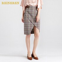 REINEREN all-match style Ren Qian looks thin retro plaid asymmetrical ladies skirt designer style
