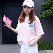 South Korea 2021 summer new cotton short-sleeved t-shirt womens Korean version of wild loose printing ins pink half-sleeve top