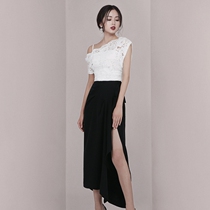 Retro Hong Kong style celebrity temperament dress white lace off-shoulder slanted shoulder shirt high open fork skirt two-piece set