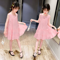 (Cotton) girls summer dress cake skirt vest skirt loose foreign air Korean skirt solid color Medium-length dress