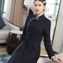 Ethnic Chinese Style Tea Suit Zen Suit Women's Retro Plate Buckle Tang Suit Skirt Autumn and Winter Modified Cheongsam Black Dress