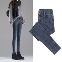 Beautiful velvet jeans women thin thickened multi-pocket high waist 2020 autumn and winter new elastic small feet pants