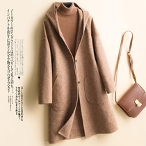 20 autumn and winter new double-sided wool coat female hooded thousand bird grid long coat velvet thin woolen coat