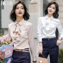 Chiffon white shirt womens long-sleeved satin design sense niche autumn and winter wild bottoming plus velvet warm professional shirt