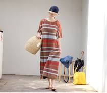 One old original summer light and thin rainbow four color stripes positive and negative needle round neck cocoon type medium knitted dress 1968