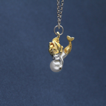 Hi original design handmade 99 silver gold-plated three-dimensional cute mermaid inlaid with Pearl tray sterling silver pendant necklace