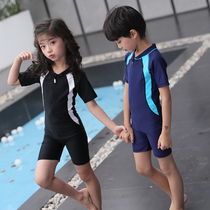 Childrens swimwear girls lian ti qun-short-sleeve boxer zhong da tong Boys Girls students professional training bathing suit