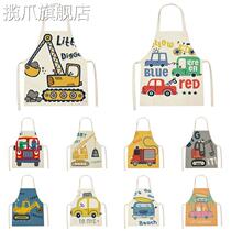 New Children Apron Linen Household Kitchen Cartoon Excavator Car Summer Painting Mother-Child Clothes