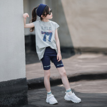 Childrens summer suit 2022 new big girl fashion foreign style backless T-shirt girl summer net red two-piece set