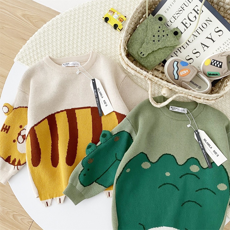 Spring and Autumn New Style Boys' Knitted Pullover Sweater, Stylish Children's Pure Cotton Top, Cartoon Tiger and Dinosaur Clothes Spring and Autumn New Style Boys' Knitted Pullover Sweater, Stylish Children's Pure Cotton Top, Cartoon Tiger and Dinosaur Clothes