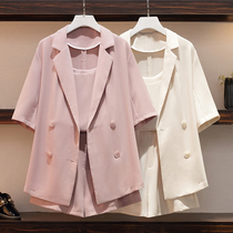 Plus fat plus size womens clothing new product 2023 summer temperament casual net red suit suspenders shorts three-piece suit