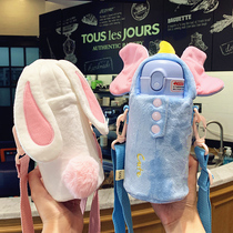 Cartoon cute antler childrens straw thermos cup Male and female children strap baby double cover primary school student 316 water cup