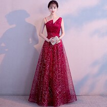 Bridal toast dress 2020 new one-shoulder sexy thin red long wedding banquet evening dress skirt female