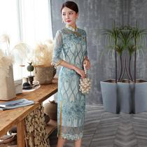 2020 late summer new vintage mid-length slim dress spring and autumn improved cheongsam organza embroidery stand collar buckle