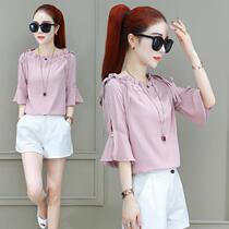 Straight Shoulder Snowspinning Blouses Woman 2022 Summer New Belly Air RELAXED AND SLIM 50% SLEEVE SNOW-SPINNING JERSEY WOMAN