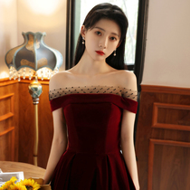 French wine red bridal toast dress Evening dress skirt temperament female banquet can usually wear 2021 new one-shoulder