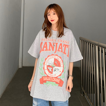 Sanjati crane spring summer vintage badge print round neck short sleeve men and women couples T-shirt loose country Tide Street