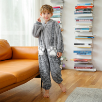 Childrens conjoined pajamas autumn and winter thickened boys flannel little boy coral velvet home clothing anti-kick