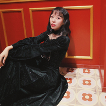 Huang Niuniu classmates original homemade sprinkled silver court sleeve mesh stitching stand-up collar large swing French retro dress