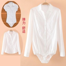 One-piece shirt Womens crotch long sleeve elastic interview short sleeve slim top professional wear thin V collar size White