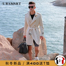 Trench coat mens long double-breasted rice White English handsome corset waist slim ppery thick down liner jacket