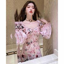 Fall winter 2021 new velvet printed v-neck lace dress gentle waist slim long a-line skirt women tide