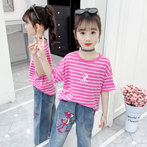 Childrens clothing Girls  t-shirt 2021 summer new foreign style net red childrens half-sleeve top striped childrens short-sleeved T-shirt