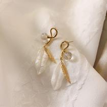 New s925 silver needle retro style golden leaf shell long temperament feather color bubble earrings earrings female