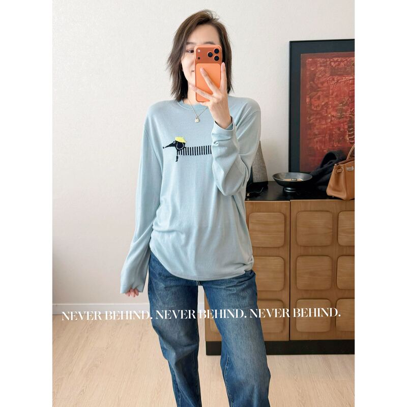 8.16 16-Gauge 60-Count Fine-Spun 100% Wool Dachshund Pattern Crew Neck Loose Knit Long-Sleeve Top 8.16 16-Gauge 60-Count Fine-Spun 100% Wool Dachshund Pattern Crew Neck Loose Knit Long-Sleeve Top