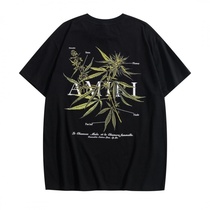 KT original tide brand black amiri high street wild round neck back letter plant print men and women