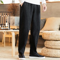 Chinese style jacquard linen pants mens spring and autumn long pants loose straight leg pants retro cotton linen casual pants