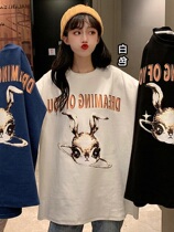 Summer New Ins Cartoon Cute Rabbit Printed Retro Round Collar Loose Short Sleeve T-shirt Woman Pure Cotton 100 Hitch Blouse