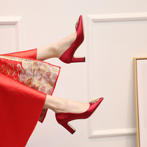 High heel shoe woman 2022 Spring autumn new pointed square button with coarse heel show and single shoe wedding shoe bridesmaid shoes children