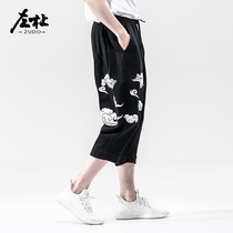 Zuoduya Ma Capri pants Mens Loose Middle Pants Xiangyun Printing Japanese Vintage Cotton Shorts Chinese Mens Pants