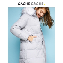 CacheCache long coat womens gray cotton coat cotton clothes big hair collar bread clothes