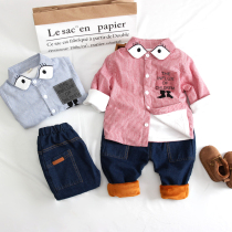  Boys  suit 2021 winter western style Korean version plus velvet male baby autumn and winter suit outer wear shirt jeans