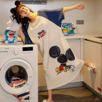 Sleeping Skirt Woman Summer Long Cash Over Knee Cotton Short Sleeve Lady Midlength Sleepwear Cartoon Big Code Tandem Dress Home Dress