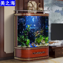 Mahogany color curved Chinese goldfish tank Aquarium Medium-sized living room Floor-standing 1 meter custom bottom filter free water change