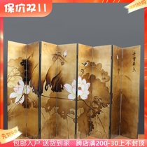 Hand-painted lotus gold foil flower and bird screen paint painting folding partition Chinese imitation classical painting folding screen hotel decoration painting