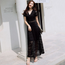Black lace dress summer temperament hollow long to ankle slim slim vneck waist a long skirt women